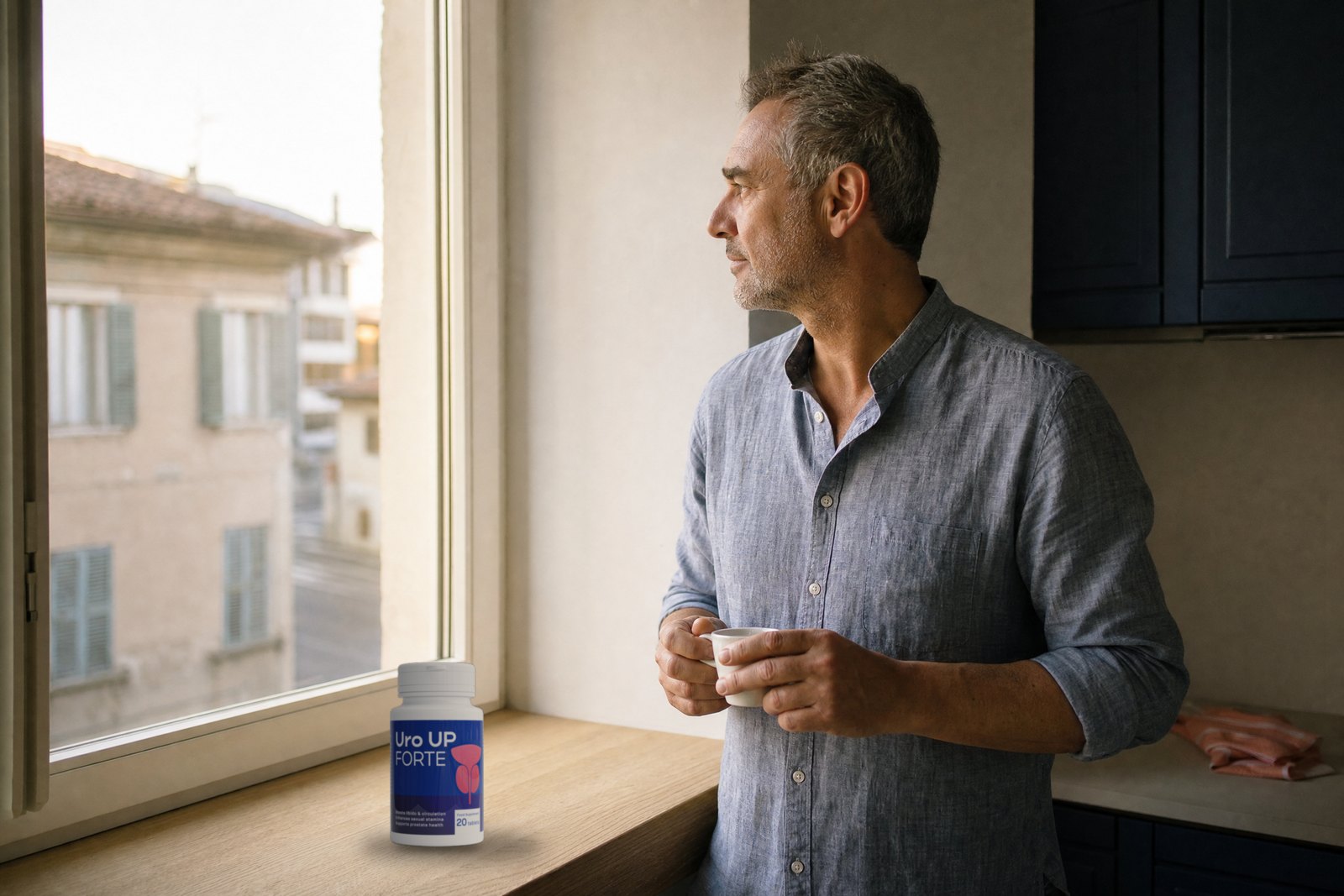 Uomo di 50 anni al mattino in cucina con la confezione di Uro UP Forte sul davanzale
