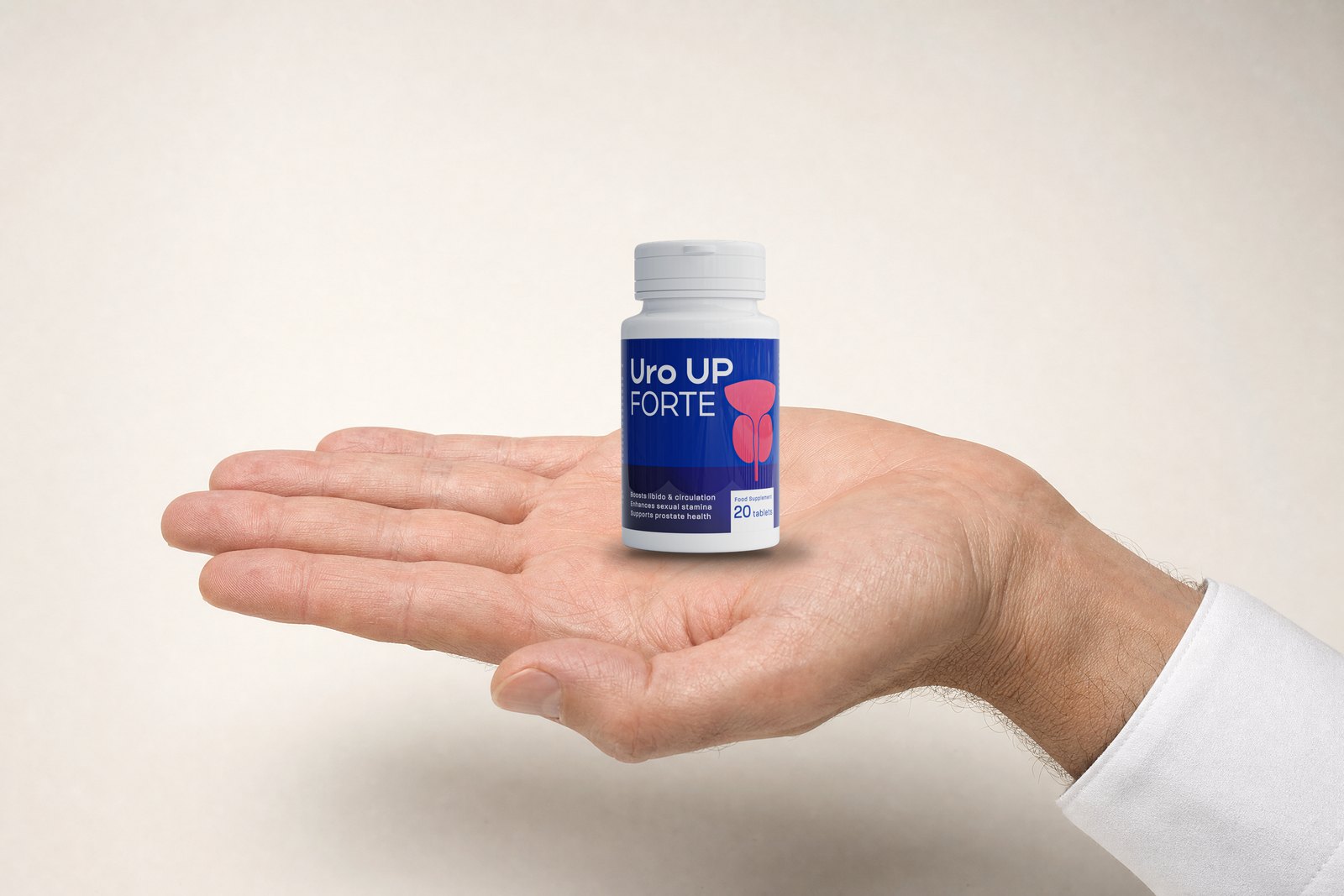 Mano che regge la confezione di Uro UP Forte, integratore per la prostata prodotto in Italia